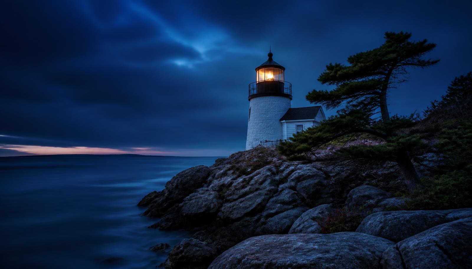 Coastal lighthouse at blue hour