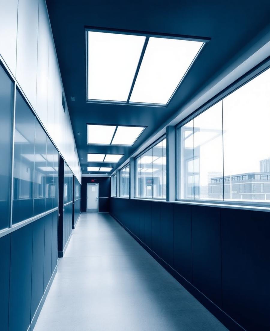 Modern office corridor with tall windows