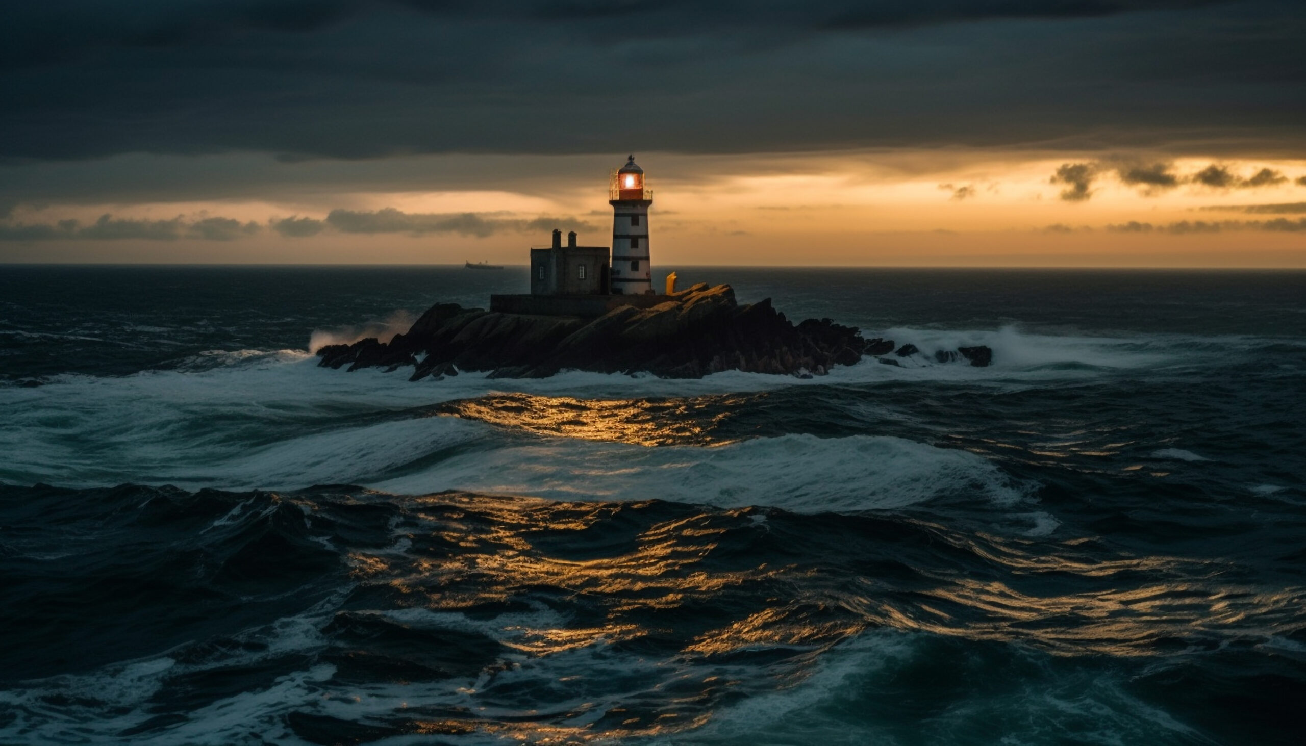 Lighthouse on a coastal cliff at sunset
